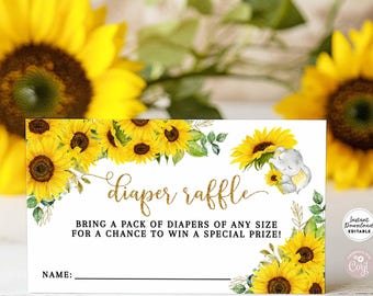 Bewerkbare herfst zonnebloem olifant baby shower luier loterij Ticket invoegsels sjabloon afdrukbare Instant Download 409V1