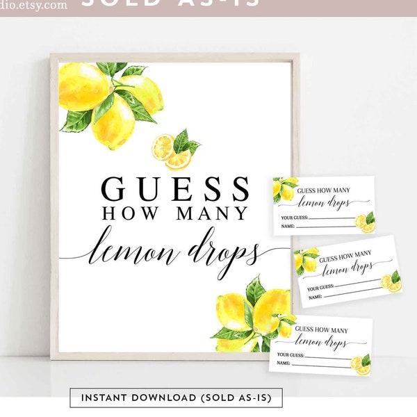 Lemon Guess How Many Lemon Drops Sign and Tickets Printable Citrus Lemon Bridal Couples Couple Shower Game Games Sign Instant Download 290