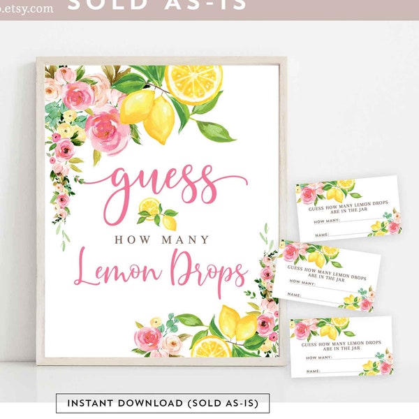 Pink Floral Lemon Guess How Many Lemon Drops Game Printable She Found Her Main Squeeze Bridal Shower Games Instant Download 157BR2