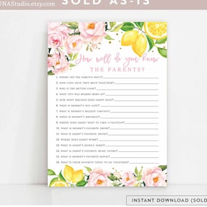 Blush Pink Floral Lemon Citrus How Well Do You Know the Parents Game Virtual Baby Shower Sprinkle Games Printable Instant Download 1490BB