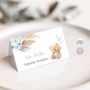 Bearbeitbarer Teddybär Blauer Ballon Gefaltet PampasGras Label Zelt Tischkarte Buffet Essen Label Gäste Namenskarte Vorlage Instant Download 904V3