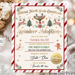 May include: A festive Reindeer Adoption certificate with a red and white striped border. The certificate features reindeer, Christmas trees, and the text "Official North Pole Certificate" and "Reindeer Adoption". The certificate is an instant download.