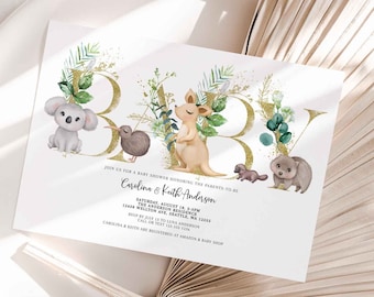 Editable Australian Animals Baby Shower Sprinkle Invitation Gender Neutral Greenery Gold Australian Baby Shower Invite Instant Download AL25