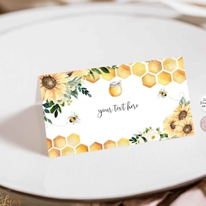 Tarjeta de lugar plegable rústica editable con diseño de abeja, girasol y abejorro, etiqueta para comida de buffet, plantilla para tarjeta de nombre de invitado, descarga instantánea 846V1