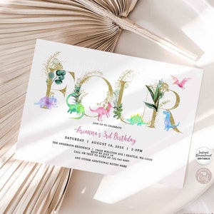 Editable Girl Pink Dino Dinosaur 4th Birthday Invitation Dino Party Invite Printable Digital Template Instant Download 438K2 (4)