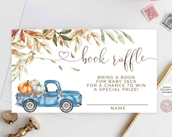 Editable Fall Pumpkin Truck Blue Pickup Truck Baby Shower BOOK Raffle Ticket Insert Raffle Card Editable Insert Instant Download 1261V1