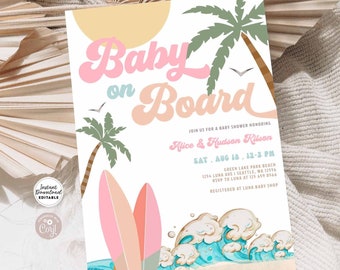 May include: A baby shower invitation with a beach theme. The invitation features a pink and orange "Baby on Board" graphic with palm trees and surfboards. The text reads "Join us for a baby shower honoring Alice & Hudson Kitson. Sat. Aug 18, 12-3 PM. Green Lake Park Beach, 1254 Luna Ave I Seattle, WA 12996. RSVP to Luna at 129 659 8166. Registered at Luna Baby Shop. #AfterLunaStudio After Luna Studio"
