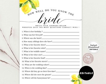 Editable Lemon How Well Do You Know The Bride Virtual Bridal Shower Couples Shower Game Games Printable Template Download 290