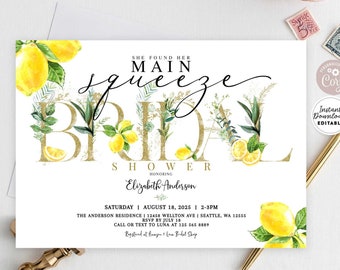 Editable Lemon Bridal Shower Invitation Greenery Citrus Lemonade She Found Her Main Squeeze Invite Printable Template Instant Download 264BR