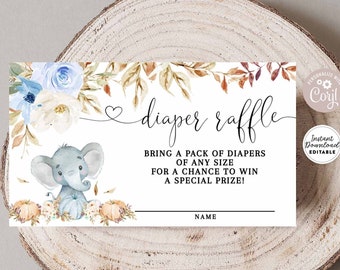 Editable Fall Blue Floral Pumpkin Elephant Baby Shower Diaper Raffle Ticket Raffle Card Editable Invite Insert Instant Download 1216V2