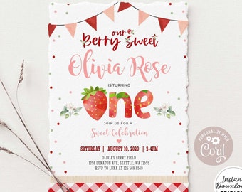 Editable Strawberry Birthday Invitation Berry Sweet Strawberry Picking First Birthday Invite Invites Instant Download AL1483