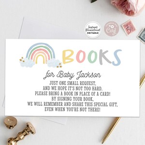 Bearbeitbare Geschlecht Neutral Baby Shower Personalisierte Pastell Regenbogen Buch Anfrage Einladen Einfügen Karte Druckbare Vorlage Sofortiger Download 213V1
