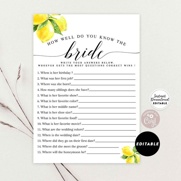 Editable Lemon How Well Do You Know The Bride Virtual Bridal Shower Couples Shower Game Games Printable Template Download 290