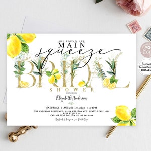 Editable Lemon Bridal Shower Invitation Greenery Citrus Lemonade She Found Her Main Squeeze Invite Printable Template Instant Download 264BR