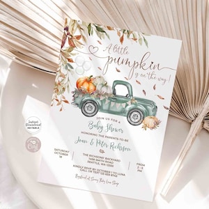 Editable Fall Pumpkin Sage Green Pickup Truck Baby Shower Invitation Gender Neutral Autumn Baby Shower Template Instant Download 1261V10 (1)