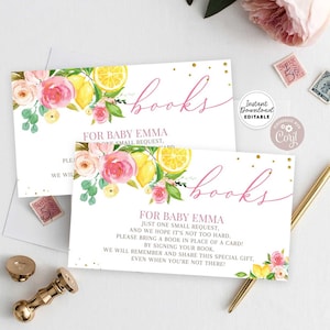 Editable Pink Floral Lemon Citrus Book Insert Lemon Baby Shower Books for Baby Request Insert Card Printable Template Instant Download 157V1