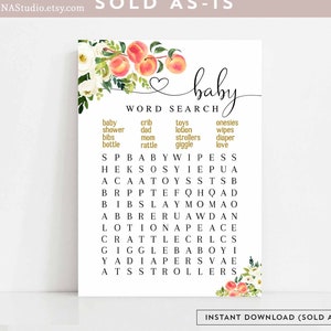 Branco floral pêssego bebê palavra busca cartas de jogo doce pêssego no caminho chá de bebê polvilhar jogos para impressão download instantâneo 256v2