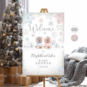 Gemelli modificabili Winter Blue Rosa Girl Boy Teddy Bear Baby Shower Bianco Argento Grigio Welcome 24x36 18x24 16x20 Yard Sign Instant Download 389V5