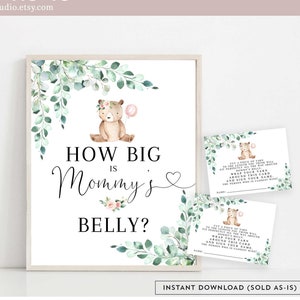 Greenery Pink Teddy Bear Adivinhe o tamanho da barriga da mamãe Jogo de sinais e cartas para menina Teddy Bear Shower Game para impressão Download instantâneo 1432V3