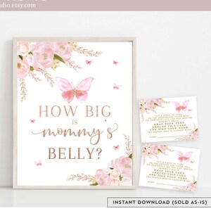 Borboleta Adivinhe o tamanho da barriga da mamãe Jogo Blush Rosa Rosa Ouro Borboleta Chá de bebê Polvilhe Digital para impressão Download instantâneo 1406