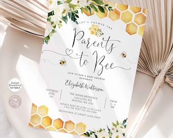 Può includere: Un invito a una festa di baby shower giallo e bianco con un motivo a nido d'ape e un design floreale. Il testo sull'invito recita "Let's shower the Parents to Bee" e include il nome "Elizabeth Walterson".