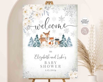 May include: A printable welcome sign for a baby shower with a winter woodland theme. The sign features a white background with snowflakes, a deer, a fox, and a raccoon. The text on the sign reads "Welcome to Elizabeth and Luke's Baby Shower 1.15.2024".