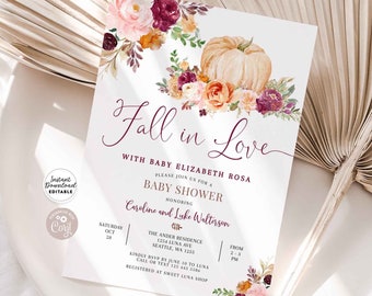 Editable Burgundy Pumpkin Fall Baby Shower Invitation Burgundy Pink Baby Shower Fall in Love Baby Invite Template Instant Download AL28 (2)
