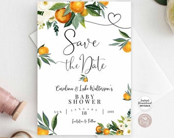 Editable A Little Cutie is on the Way Greenery Orange Gender Neutral Save the Date Baby Shower Wedding Template Instant Download 248V1