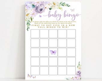 Purple Gold Butterfly Baby Bingo Game Printable Virtual Butterfly Baby Shower Sprinkle Games Digital Printable Instant Download 554BB