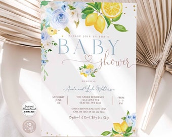 Edytowalny cytrynowy Baby Shower Invitation Boy Baby Blue Citrus Mama's Main Squeeze Boy Shower Sprinkle Invite Template Instant Download 157V2