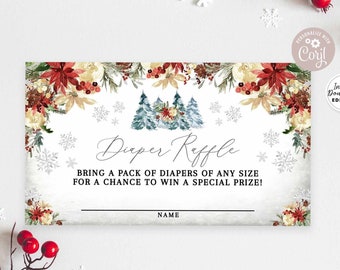 Editable Christmas Holly Festive Winter Snowflake Baby Shower Diaper Raffle Ticket Raffle Card Editable Invite Insert Instant Download 740V1