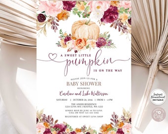 Editable Burgundy Fall Pumpkin Baby Shower Invitation A Little Pumpkin  On the Way Baby Shower Invite Template Instant Download AL28 (3)