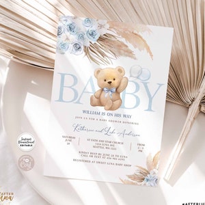 Modificabile Blue Pampas Grass Boy Boho Teddy Bear Baby Shower Invito Invito Modello Download immediato 904V3 (4)