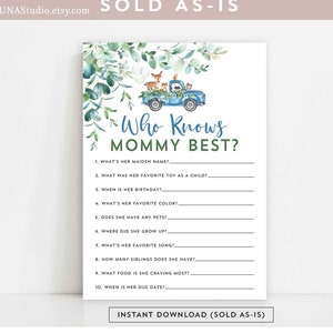Greenery Boy Woodland Animal Blue Truck Who Knows Mommy Best Game Deer Virtual Baby Shower Sprinkle Games Printable Instant Download AL572
