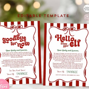 Op de afbeelding: Twee kerstkaarten met rood-witte gestreepte randen. De linkerkaart zegt "Goodbye for now" en de rechterkaart zegt "Hello from your Elf". Beide kaarten hebben tekst en zijn gelabeld met "Editable Template".