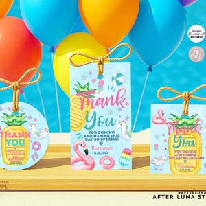 Editable Unicorn Pool Party Invite Flamingo Pineapple Birthday Thank You Tag Favor Round Square Tag Template Instant Download 919