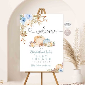 Editable Fall Blue Pumpkin Baby Shower Sprinkle Welcome Sign 24x36 18x24 16x20 Yard Sign Template Instant Download 29V5 (2)
