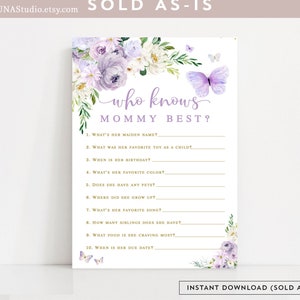 Purple Gold Butterfly Who Knows Mommy Best Printable Virtual Baby Shower Sprinkle Digital Printable Instant Download 554BB