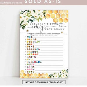May include: A printable game card with a white background and yellow honeycomb pattern. The card features a floral design with white flowers and green leaves. The text "CHILDREN'S BOOK emoji PICTIONARY" is written in black with a heart symbol. The game instructions are to guess the children's books written with emojis. The person with the most correct wins! The card includes 15 lines with emojis and blank spaces for answers.