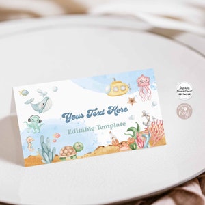 Editable bajo el mar linda ballena tortuga marina playa plegado lugar tarjeta buffet etiqueta de comida huésped nombre tarjeta plantilla descarga instantánea 527K1