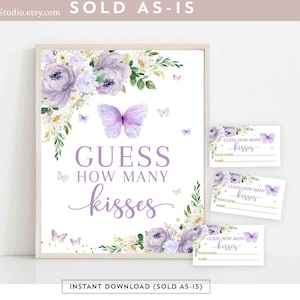 Purple Gold Butterfly Guess How Many Kisses Game Printable Butterfly Baby Shower Sprinkle Games Digital Printable Instant Download 554BB
