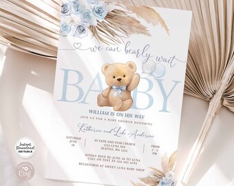 Editierbare Blaue Pampas Gras We Can Bearly Wait Blue Boy Boho Teddybär Baby Shower Einladung Einladung Vorlage Instant Download 904V3
