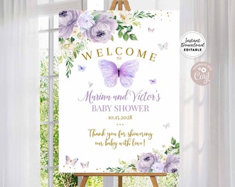 Bearbeitbare lila Lavendel Schmetterling Baby Dusche streuen Sip und sehen Geburtstag Willkommen Yard Zeichen 24 x 36 18 x 24 16x20 Instant Download 554BB