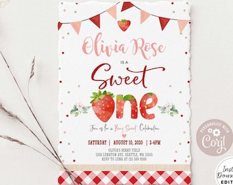 Editable Strawberry Birthday Invitation Berry Sweet Strawberry Picking First Birthday Invite Invites Instant Download AL1483