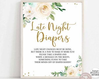 Editable Late Night Diaper Sign Greenery Gold Mint Drive By Shower Games 8x10" Template  Instant Download 358V3