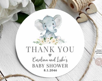 Editable Gender Neutral Elephant Little Peanut Baby Shower Thank You Favor Gift Tag Favor Round Sticker Template Instant Download 26V2