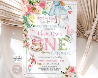 Op de afbeelding: Een uitnodiging met het thema Alice in Wonderland met bloemen en grillige illustraties. De uitnodiging bevat de tekst "Don't be Late for a Very Important Date" en "Olivia Rose's ONEderland" met evenementdetails. Het ontwerp bevat een flamingo, theekopjes en een konijn.