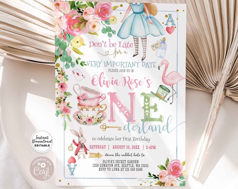 Editable Alice in Wonderland Invitation Alice in Onederland 1st Birthday Mad Tea Party Invite Printable Template Instant