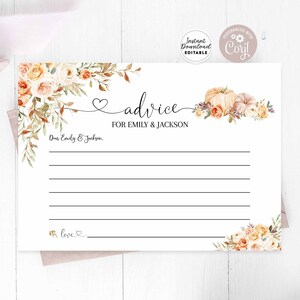 Editable Personalized Fall Pumpkin Baby Bridal Couple Wedding Shower Advice for Parents Couples 5x7&quot; Template Instant Download 29V4