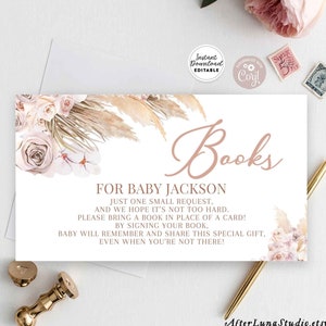 Modifiable Pampas Grass Boho Boho Baby Shower Boho Book Insert Baby Book Card Bring A Book Card Modèle imprimable Téléchargement instantané 212V1